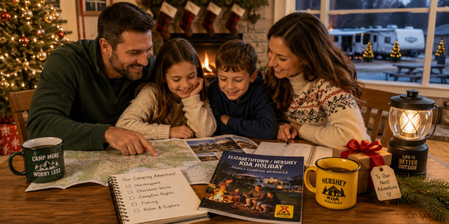 Family gathered around a table planning their next camping vacation at Elizabethtown / Hershey KOA Holiday