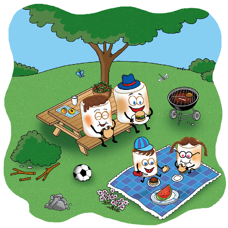 Hershey KOA family mascot characters enjoying time together at the campground