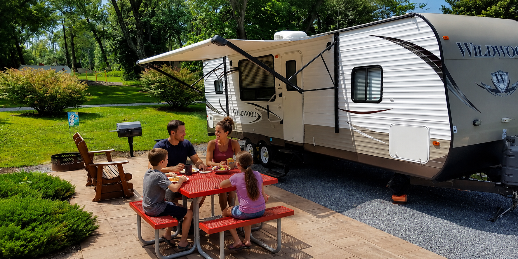 Family enjoying a relaxing meal together at their RV campsite at Elizabethtown / Hershey KOA Holiday